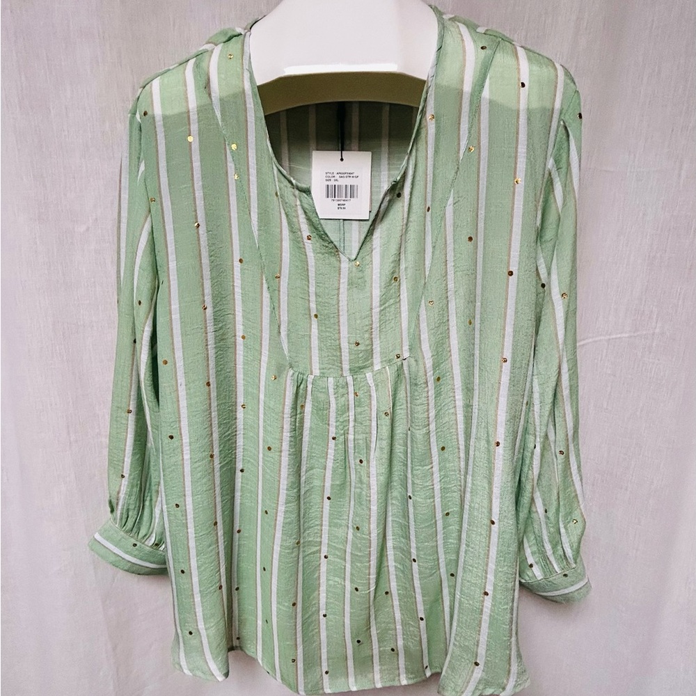Blouse 3XL light sage gold dots
Longsleeve sheer
Stripe 
Yoke front
NWT
3XL